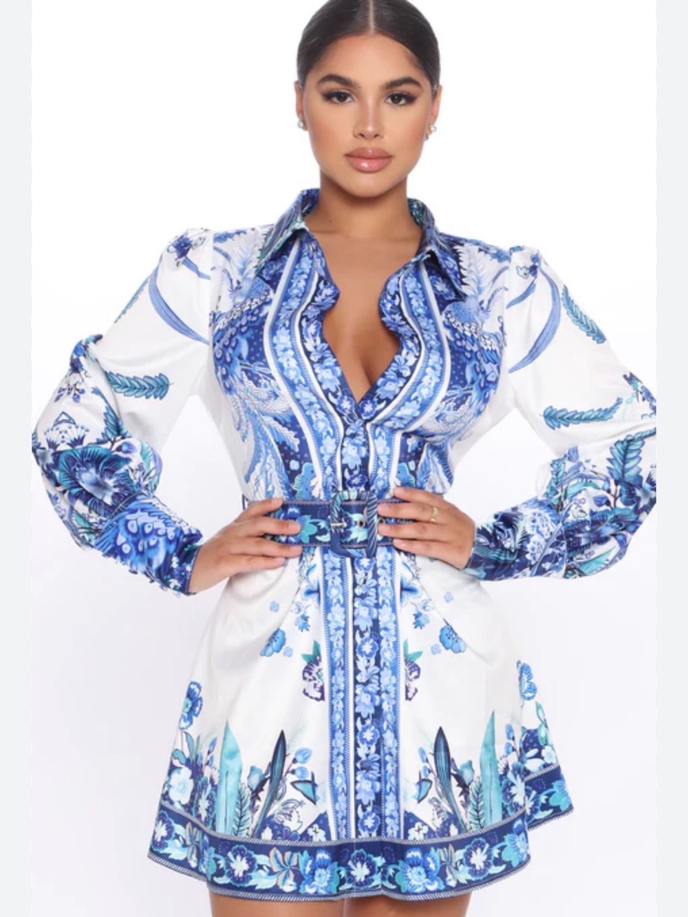 Latiste Blue & White Floral Shirt Dress with Belt